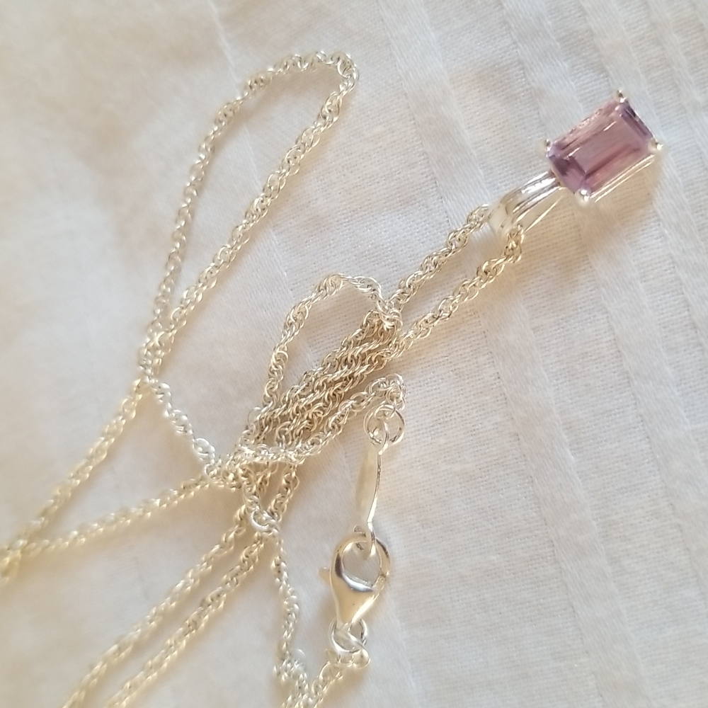 New Sterling Silver 925 Emerald Cut Amethyst Necklace